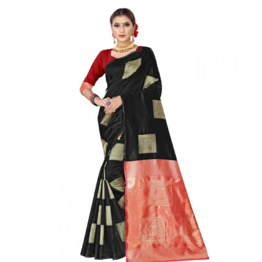 Generic Women's Soft Lichi Silk Printed Saree With Unstitched Blouse 5.5Mtr (Black) Main image