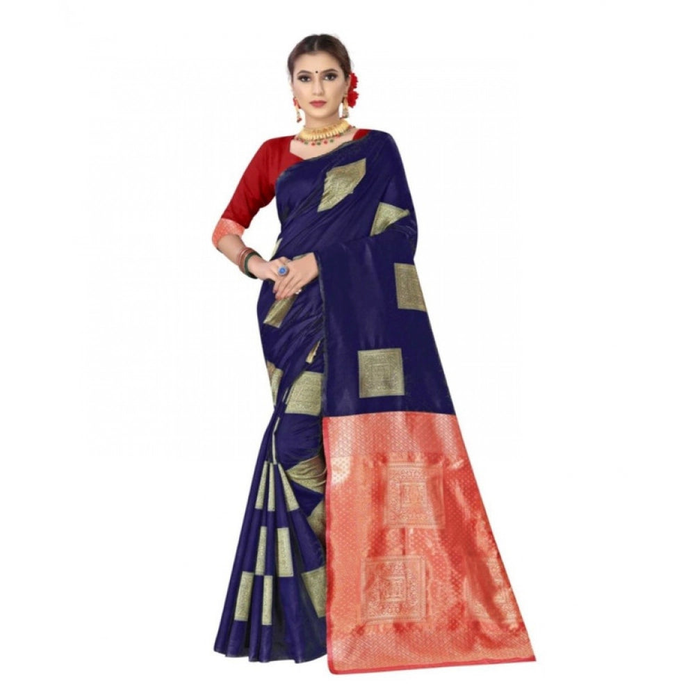 Generic Women's Soft Lichi Silk Printed Saree With Unstitched Blouse 5.5Mtr (Blue) Main image