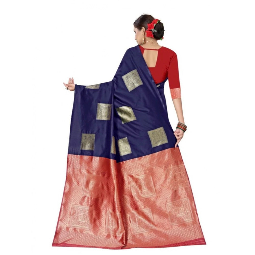 Generic Women's Soft Lichi Silk Printed Saree With Unstitched Blouse 5.5Mtr (Blue) Secondary image