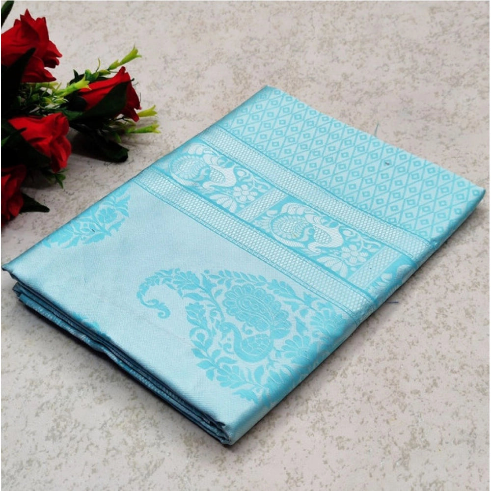 Generic Women's Soft Lichi Silk Printed Saree With Unstitched Blouse 5.5Mtr (Sky Blue) Main image