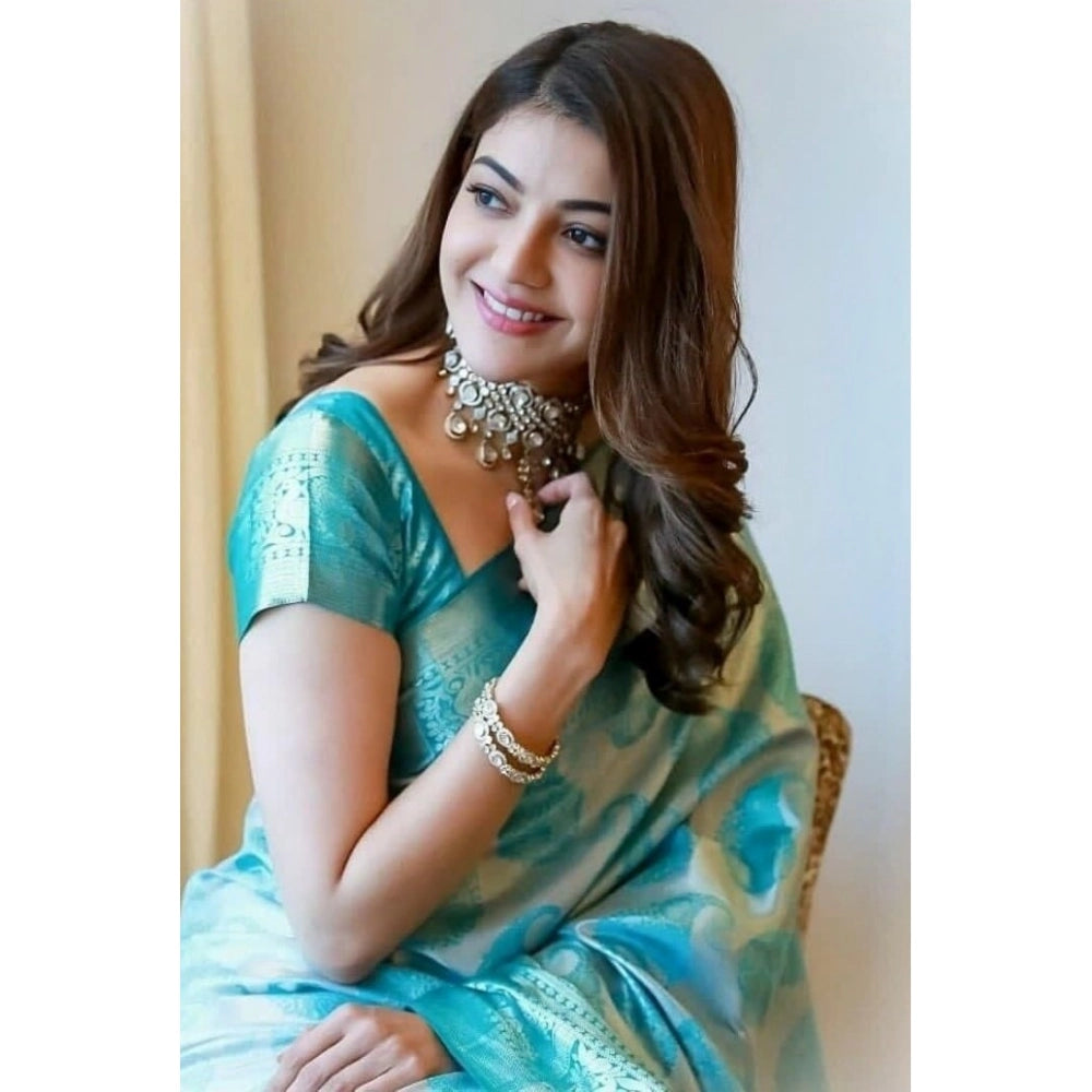 Generic Women's Soft Lichi Silk Printed Saree With Unstitched Blouse 5.5Mtr (Sky Blue) Secondary image