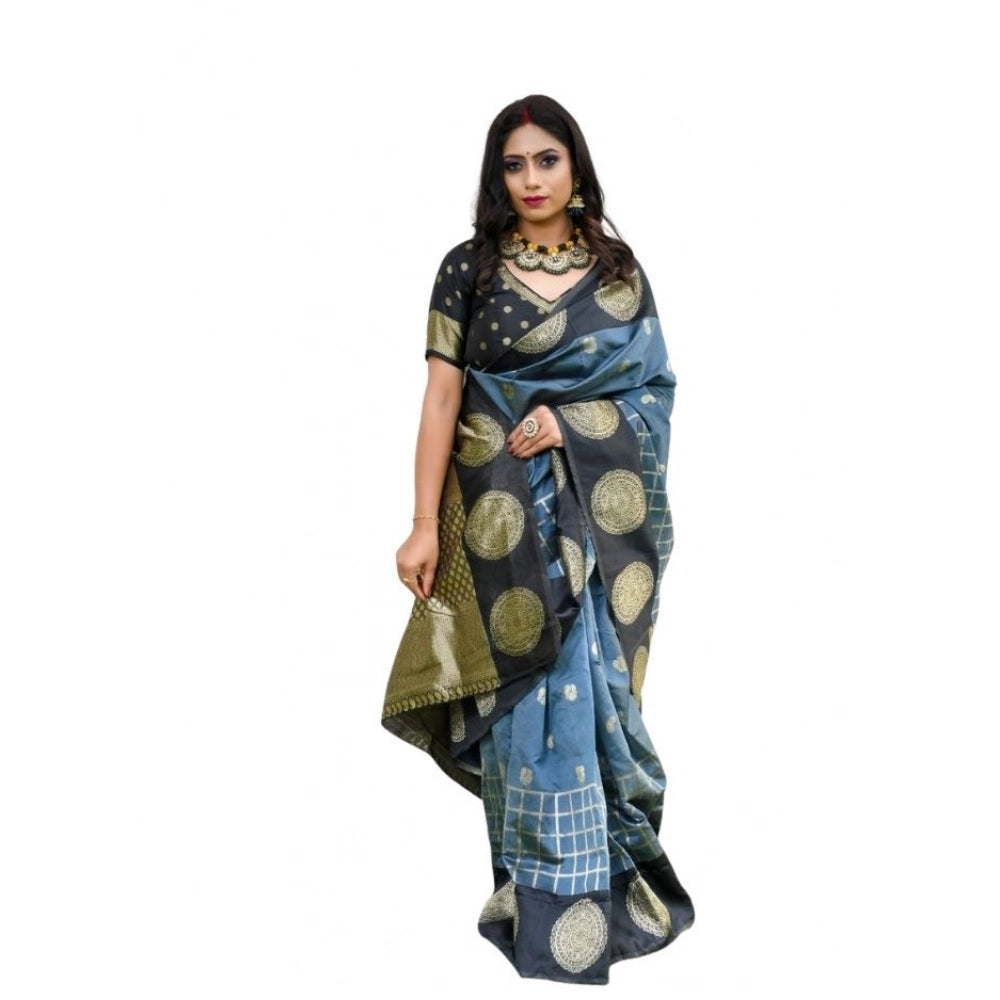 Generic Women's Soft Lichi Silk Printed Saree With Unstitched Blouse 5.5Mtr (Grey) Main image