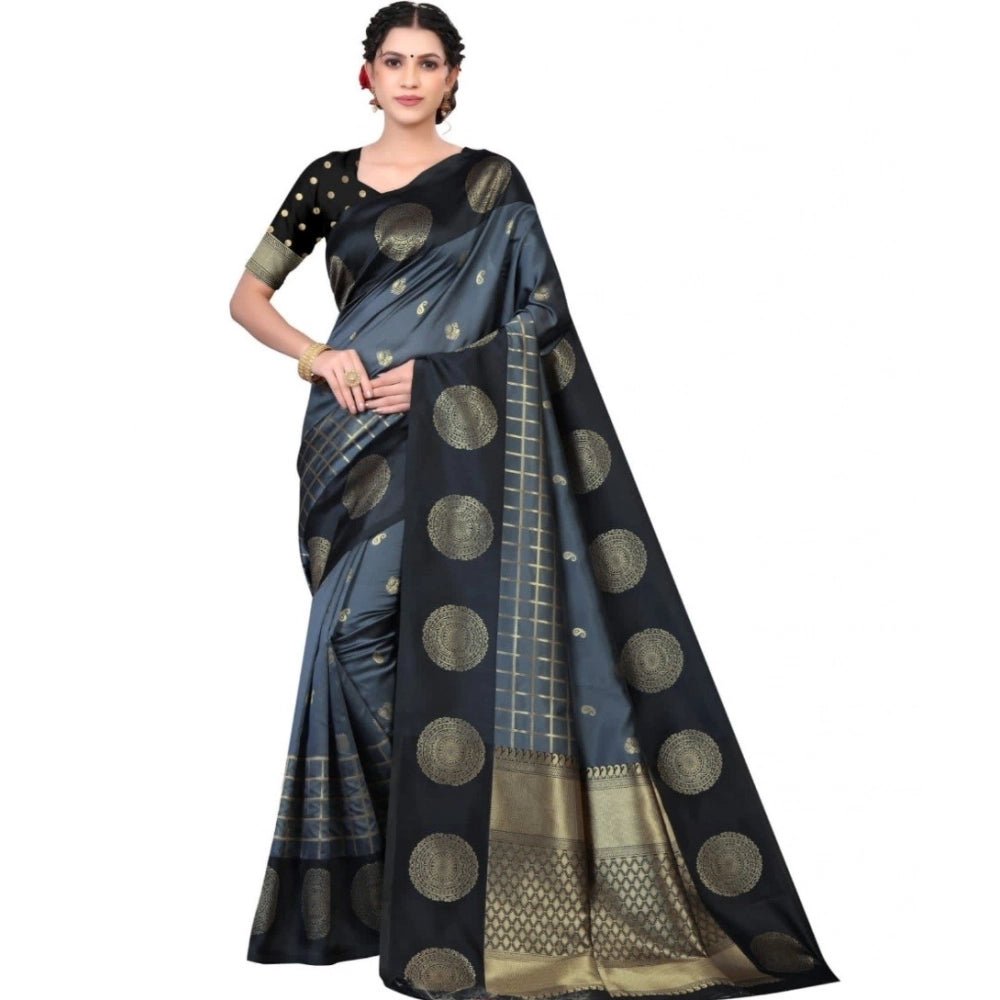 Generic Women's Soft Lichi Silk Printed Saree With Unstitched Blouse 5.5Mtr (Black) Main image