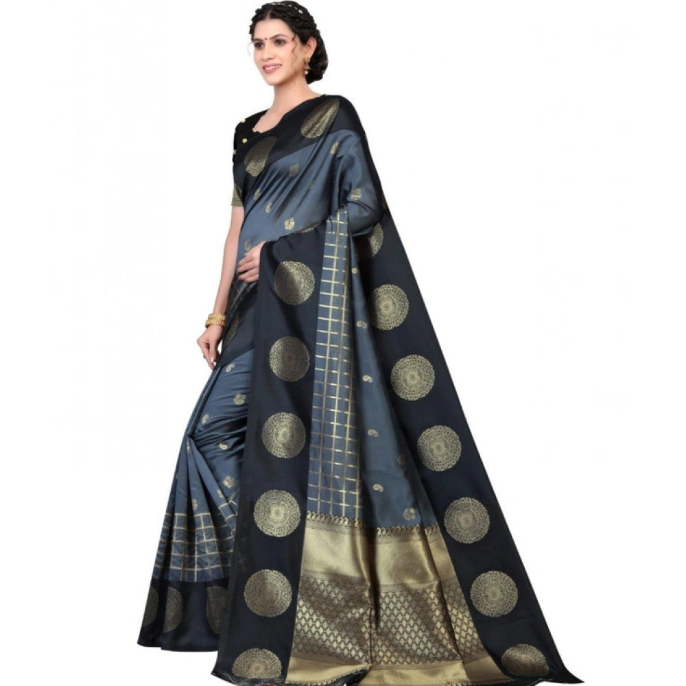 Generic Women's Soft Lichi Silk Printed Saree With Unstitched Blouse 5.5Mtr (Black) Secondary image