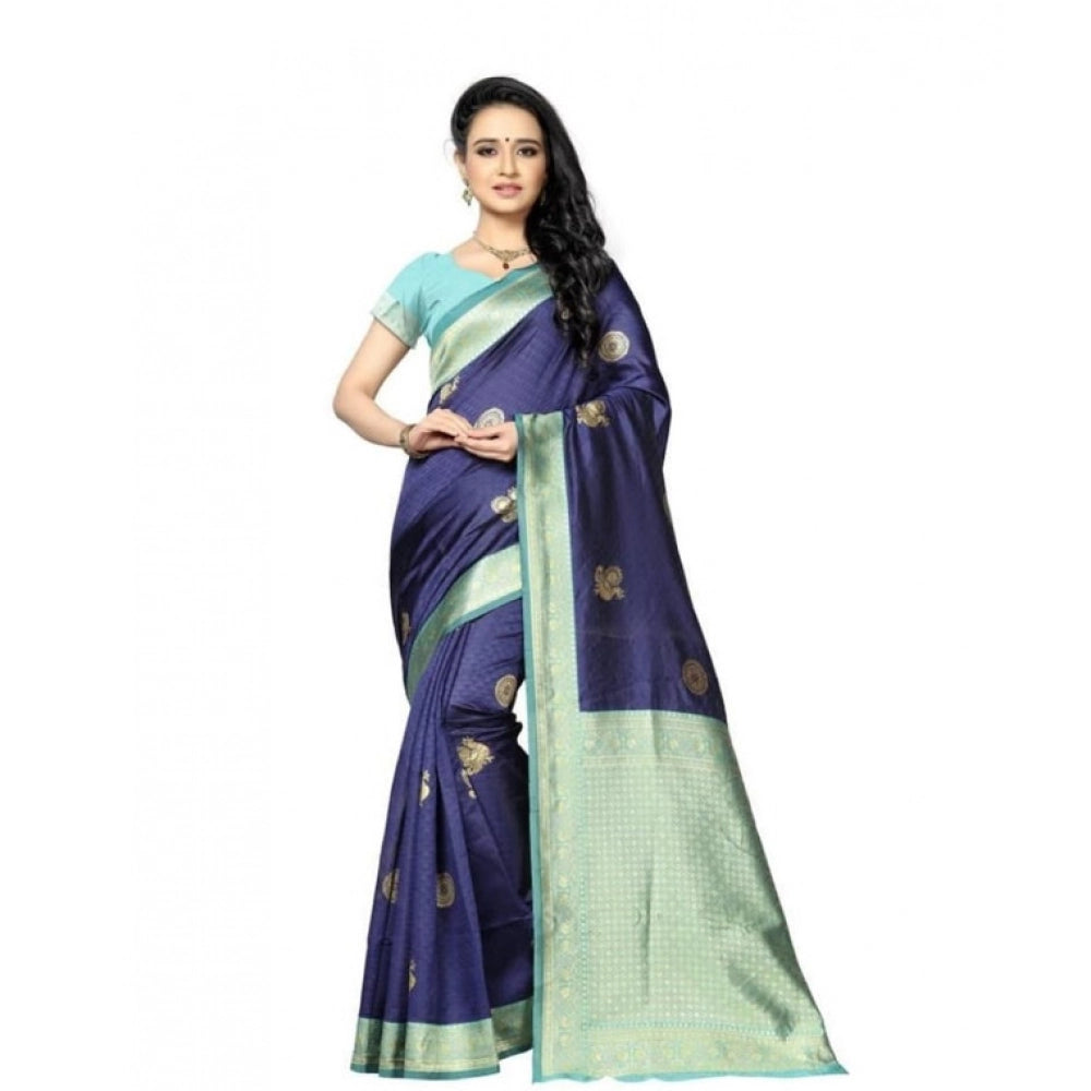 Generic Women's Soft Lichi Silk Printed Saree With Unstitched Blouse 5.5Mtr (Navy Blue) Main image
