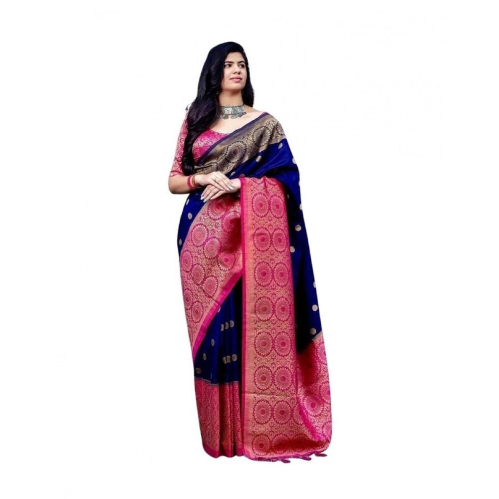 Generic Women's Soft Lichi Silk Printed Saree With Unstitched Blouse 5.5Mtr (Blue) Main image