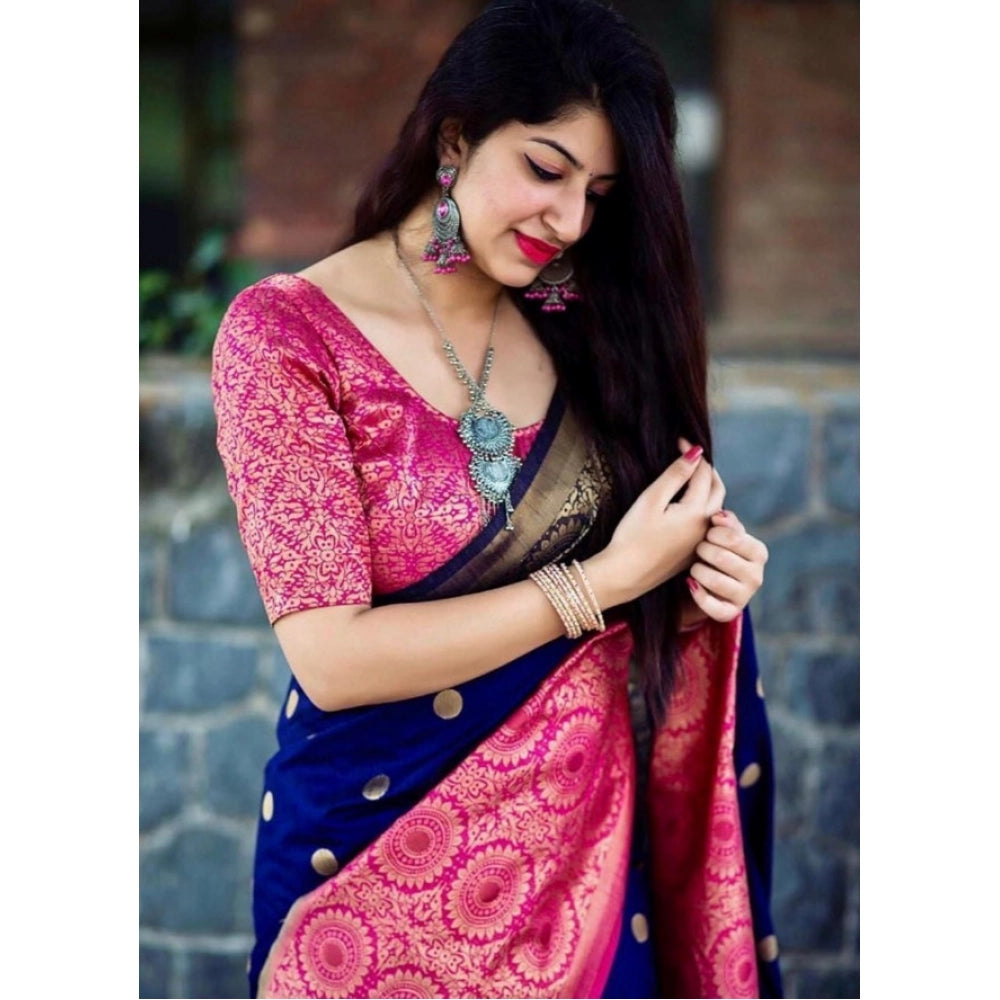 Generic Women's Soft Lichi Silk Printed Saree With Unstitched Blouse 5.5Mtr (Blue) Secondary image