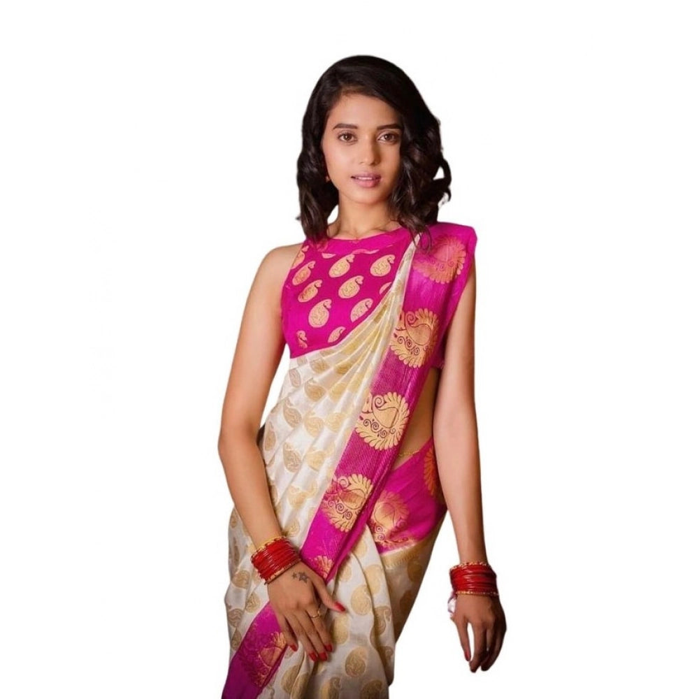 Generic Women's Soft Lichi Silk Printed Saree With Unstitched Blouse 5.5Mtr (White) Main image