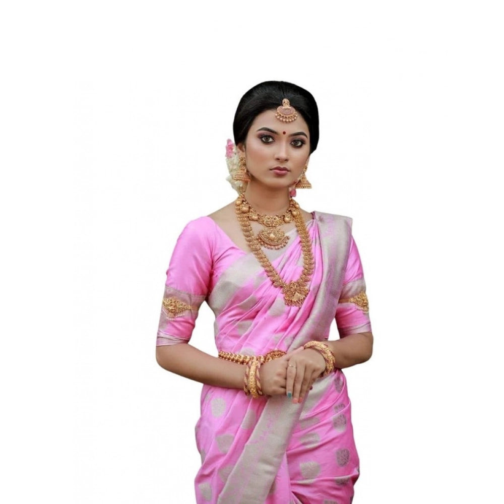 Generic Women's Soft Lichi Silk Printed Saree With Unstitched Blouse 5.5Mtr (Pink) Main image