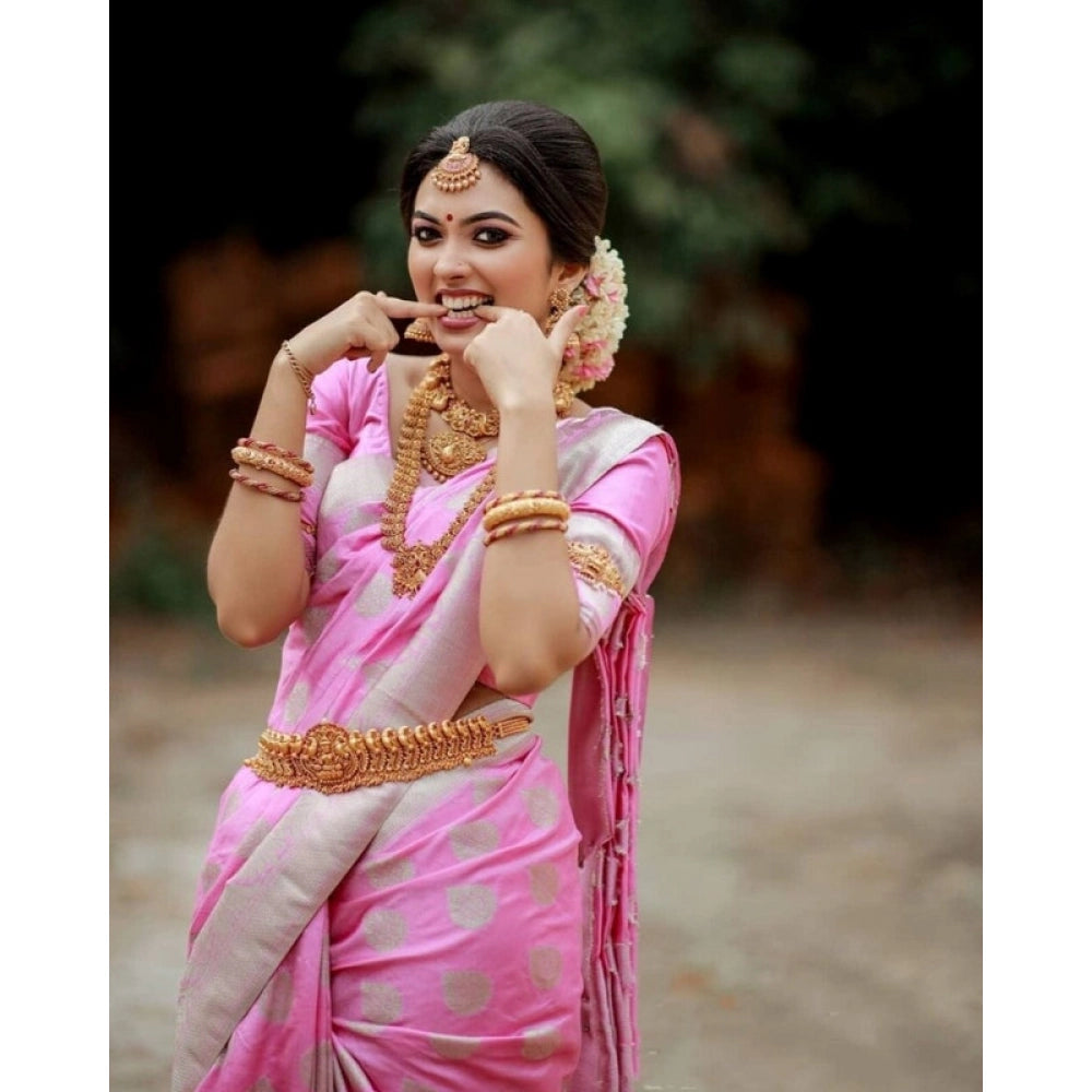 Generic Women's Soft Lichi Silk Printed Saree With Unstitched Blouse 5.5Mtr (Pink) Secondary image