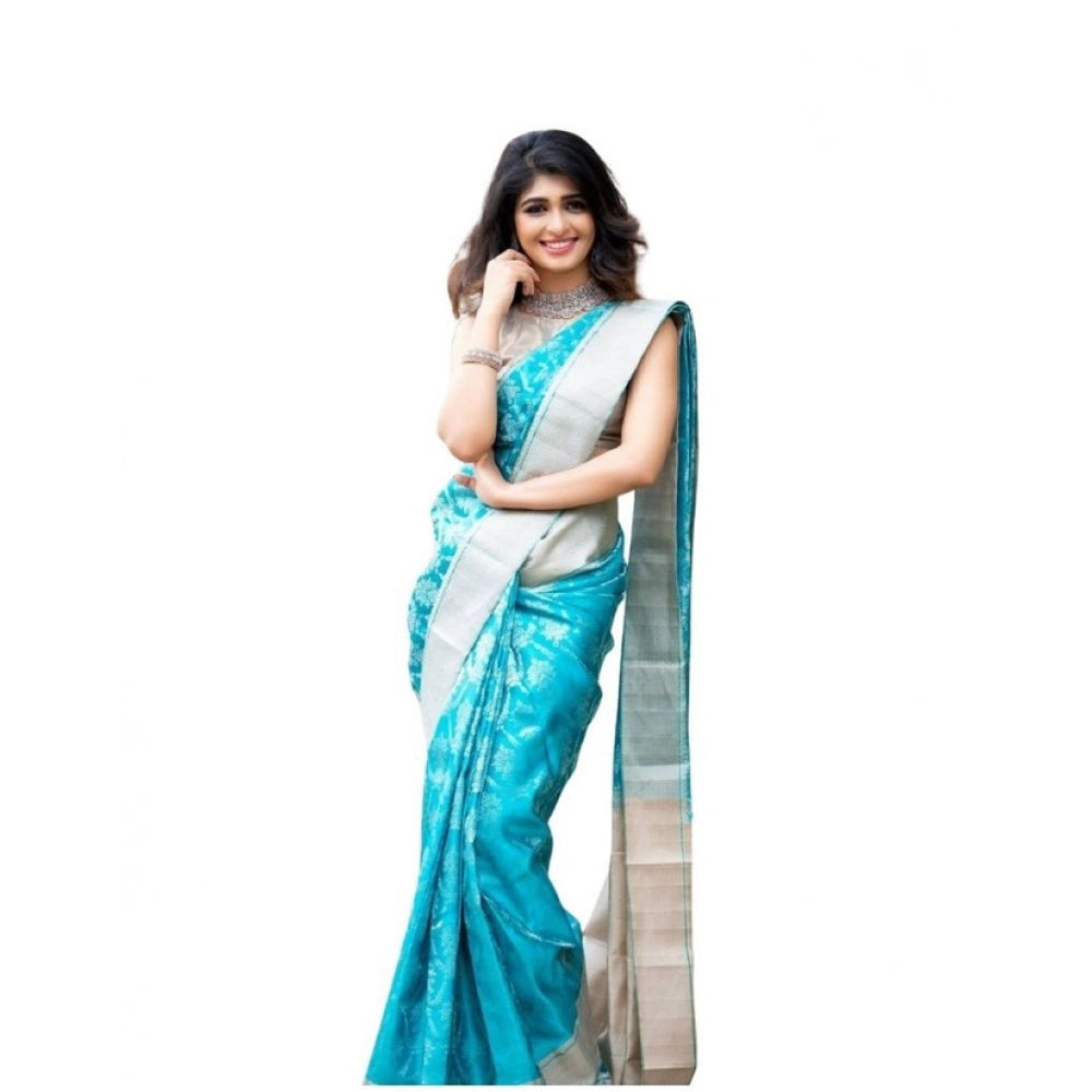 Generic Women's Soft Lichi Silk Printed Saree With Unstitched Blouse 5.5Mtr (Sky-Blue) Main image