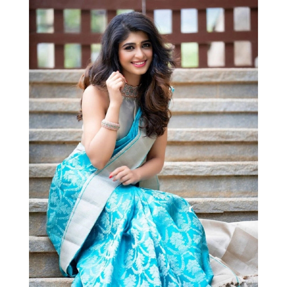 Generic Women's Soft Lichi Silk Printed Saree With Unstitched Blouse 5.5Mtr (Sky-Blue) Secondary image