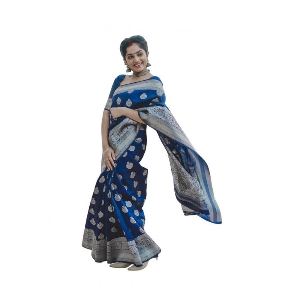 Generic Women's Soft Lichi Silk Printed Saree With Unstitched Blouse 5.5Mtr (Blue) Main image