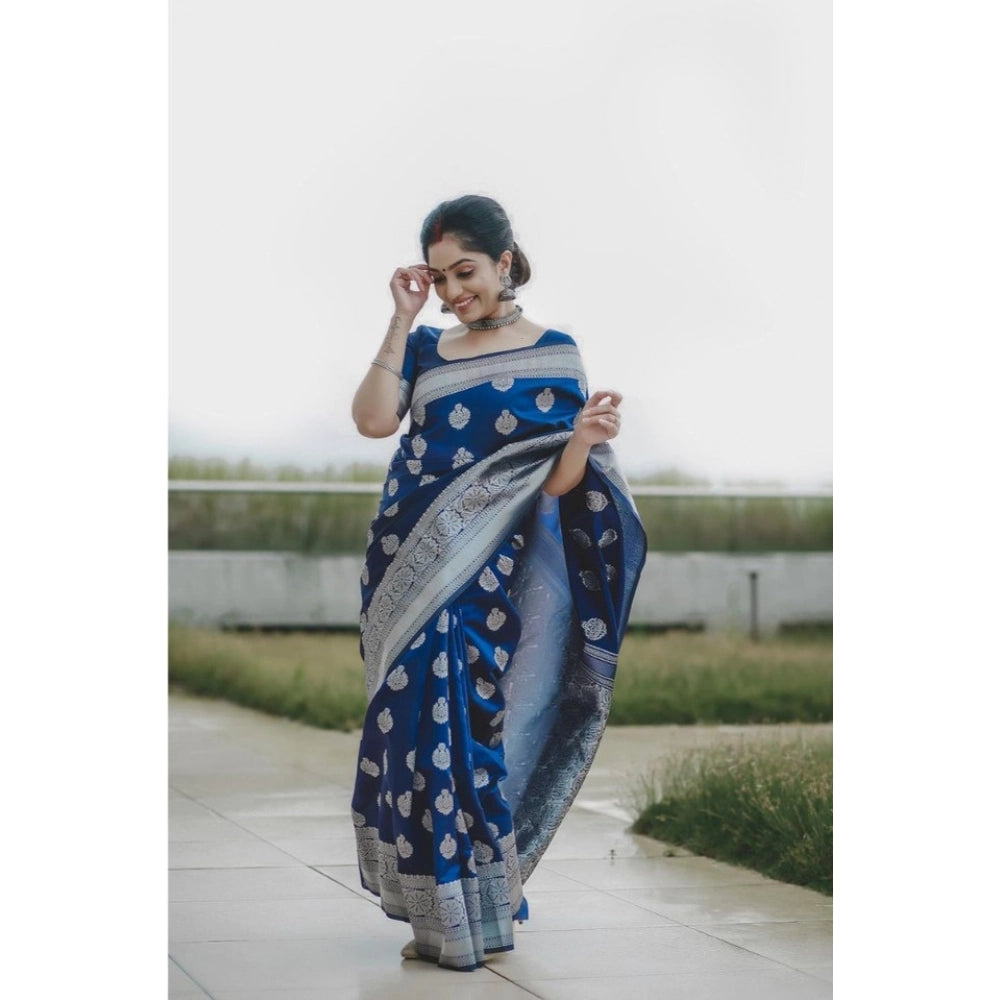 Generic Women's Soft Lichi Silk Printed Saree With Unstitched Blouse 5.5Mtr (Blue) Secondary image
