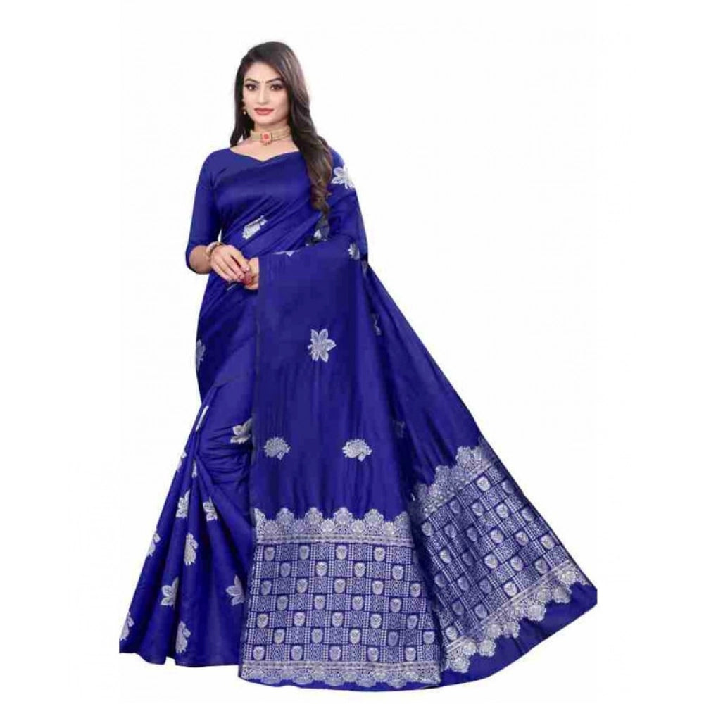 Generic Women's Soft Lichi Silk Printed Saree With Unstitched Blouse 5.5Mtr (Blue) Main image