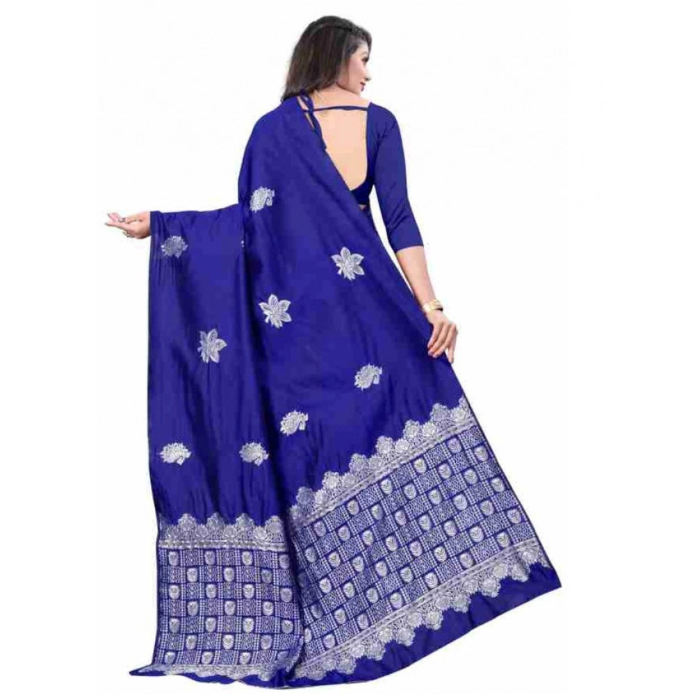 Generic Women's Soft Lichi Silk Printed Saree With Unstitched Blouse 5.5Mtr (Blue) Secondary image