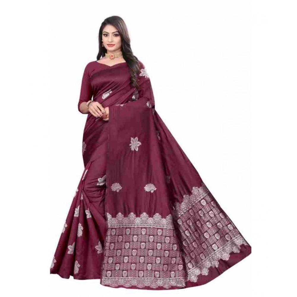 Generic Women's Soft Lichi Silk Printed Saree With Unstitched Blouse 5.5Mtr (Wine) Main image