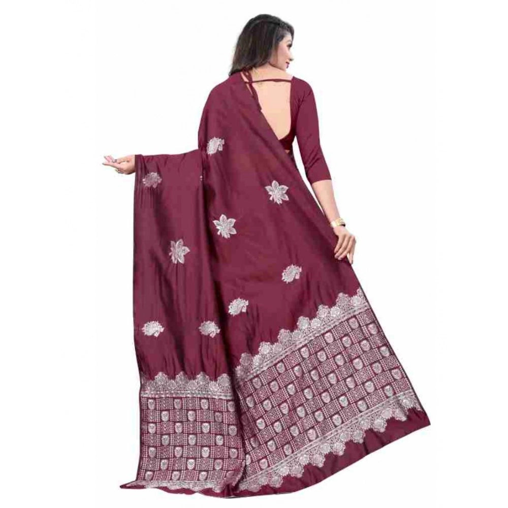 Generic Women's Soft Lichi Silk Printed Saree With Unstitched Blouse 5.5Mtr (Wine) Secondary image