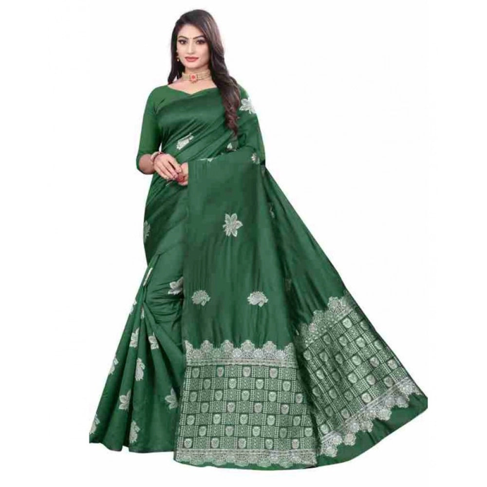 Generic Women's Soft Lichi Silk Printed Saree With Unstitched Blouse 5.5Mtr (Green) Main image
