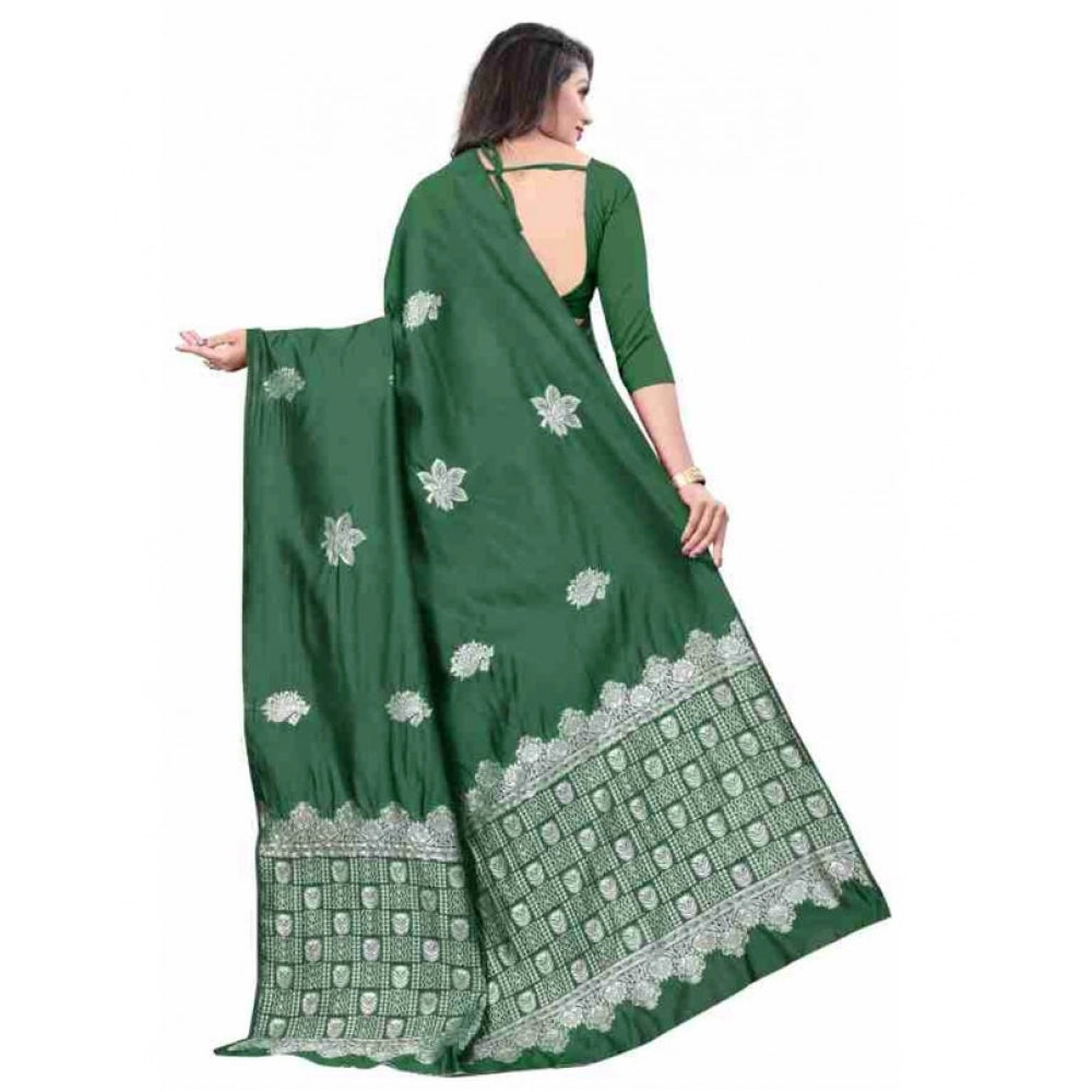 Generic Women's Soft Lichi Silk Printed Saree With Unstitched Blouse 5.5Mtr (Green) Secondary image