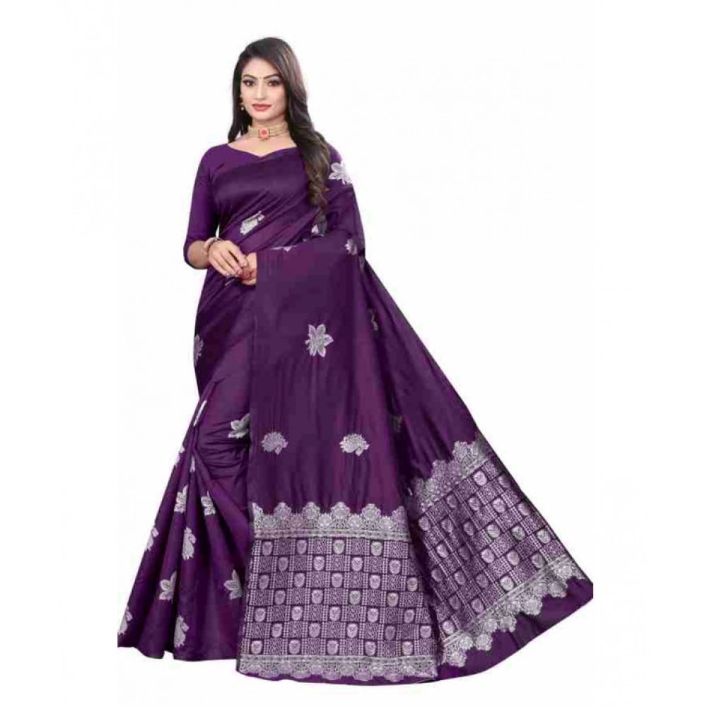 Generic Women's Soft Lichi Silk Printed Saree With Unstitched Blouse 5.5Mtr (Purple) Main image
