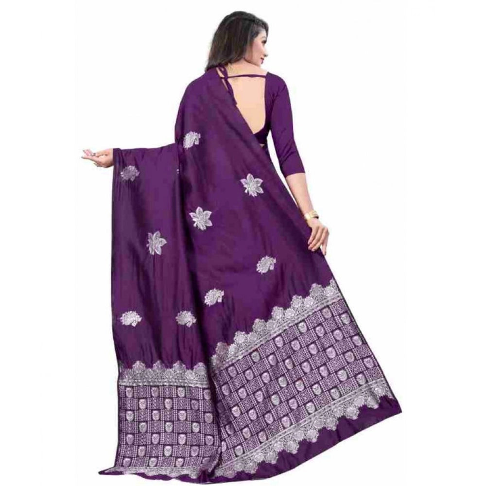 Generic Women's Soft Lichi Silk Printed Saree With Unstitched Blouse 5.5Mtr (Purple) Secondary image