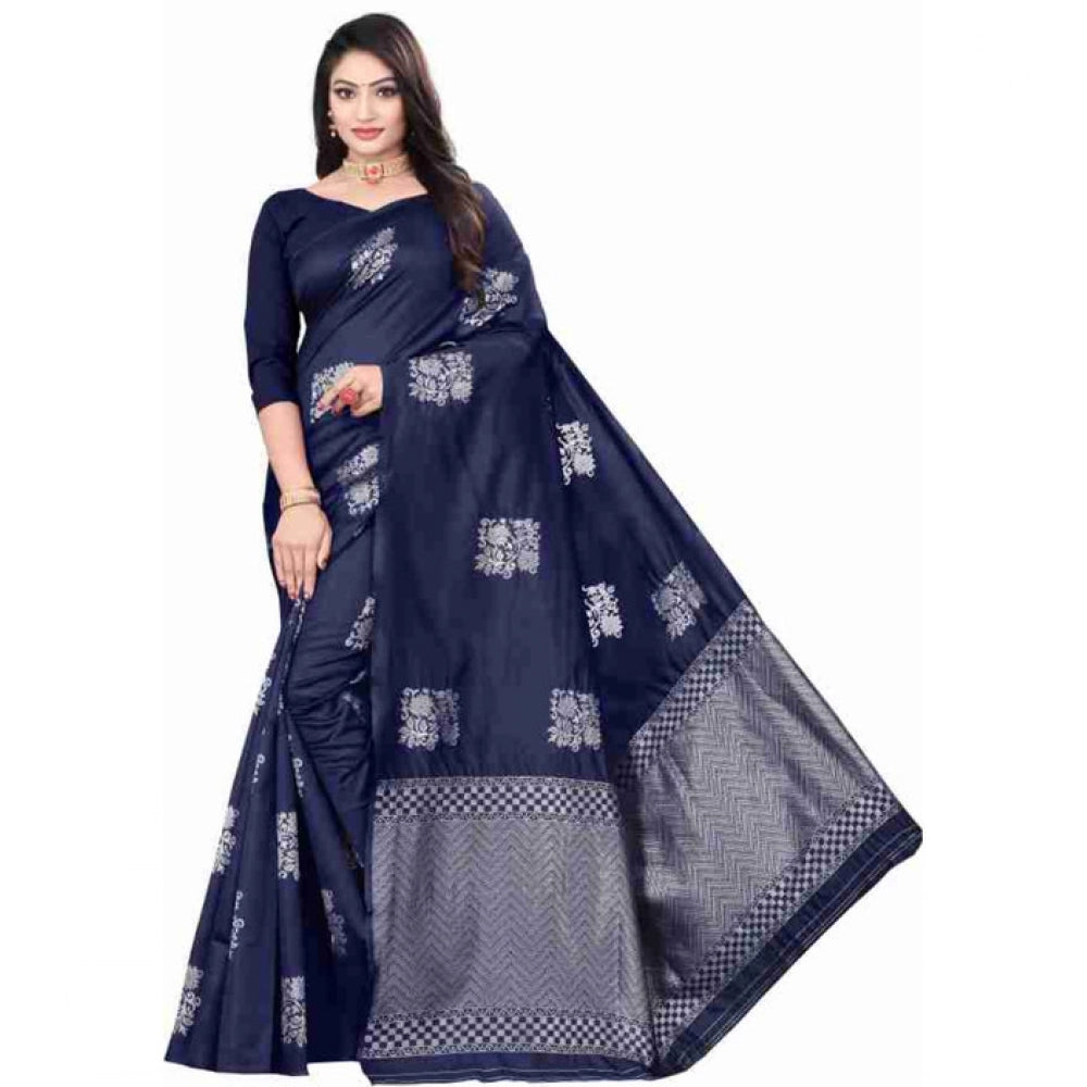 Generic Women's Soft Lichi Silk Printed Saree With Unstitched Blouse 5.5Mtr (Blue) Main image