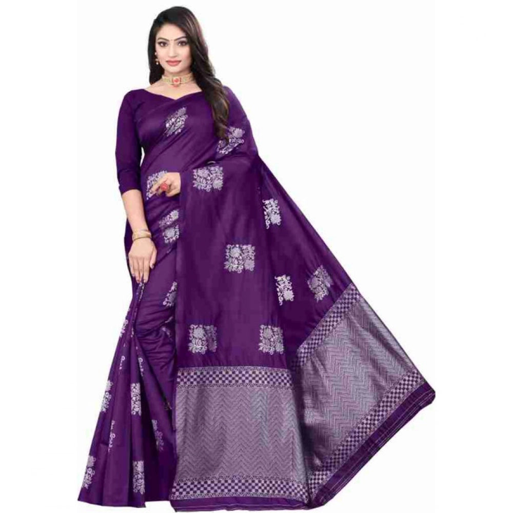 Generic Women's Soft Lichi Silk Printed Saree With Unstitched Blouse 5.5Mtr (Purple) Main image