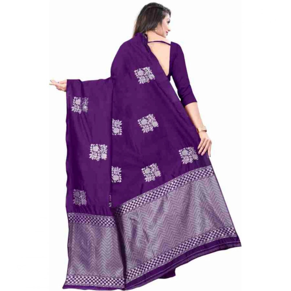 Generic Women's Soft Lichi Silk Printed Saree With Unstitched Blouse 5.5Mtr (Purple) Secondary image