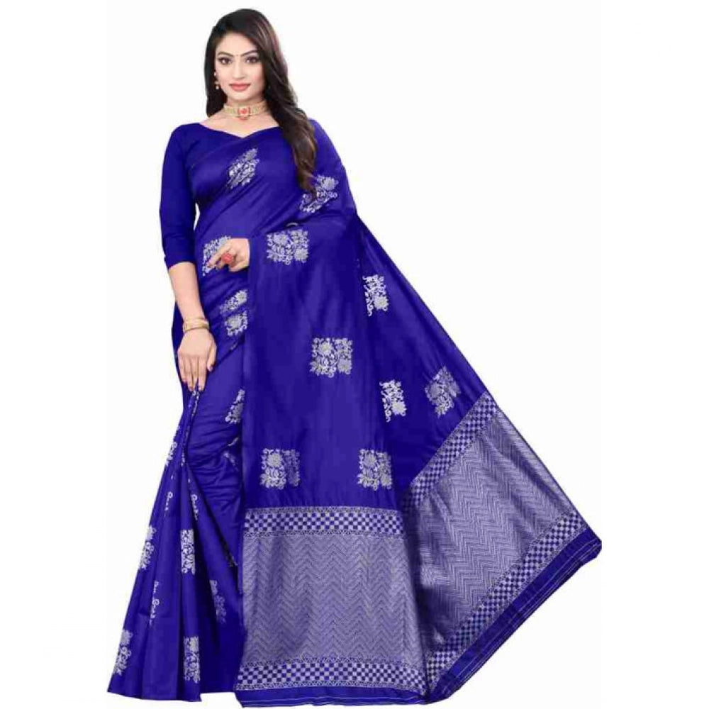 Generic Women's Soft Lichi Silk Printed Saree With Unstitched Blouse 5.5Mtr (Royal-Blue) Main image