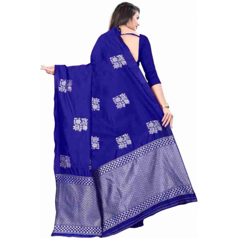 Generic Women's Soft Lichi Silk Printed Saree With Unstitched Blouse 5.5Mtr (Royal-Blue) Secondary image