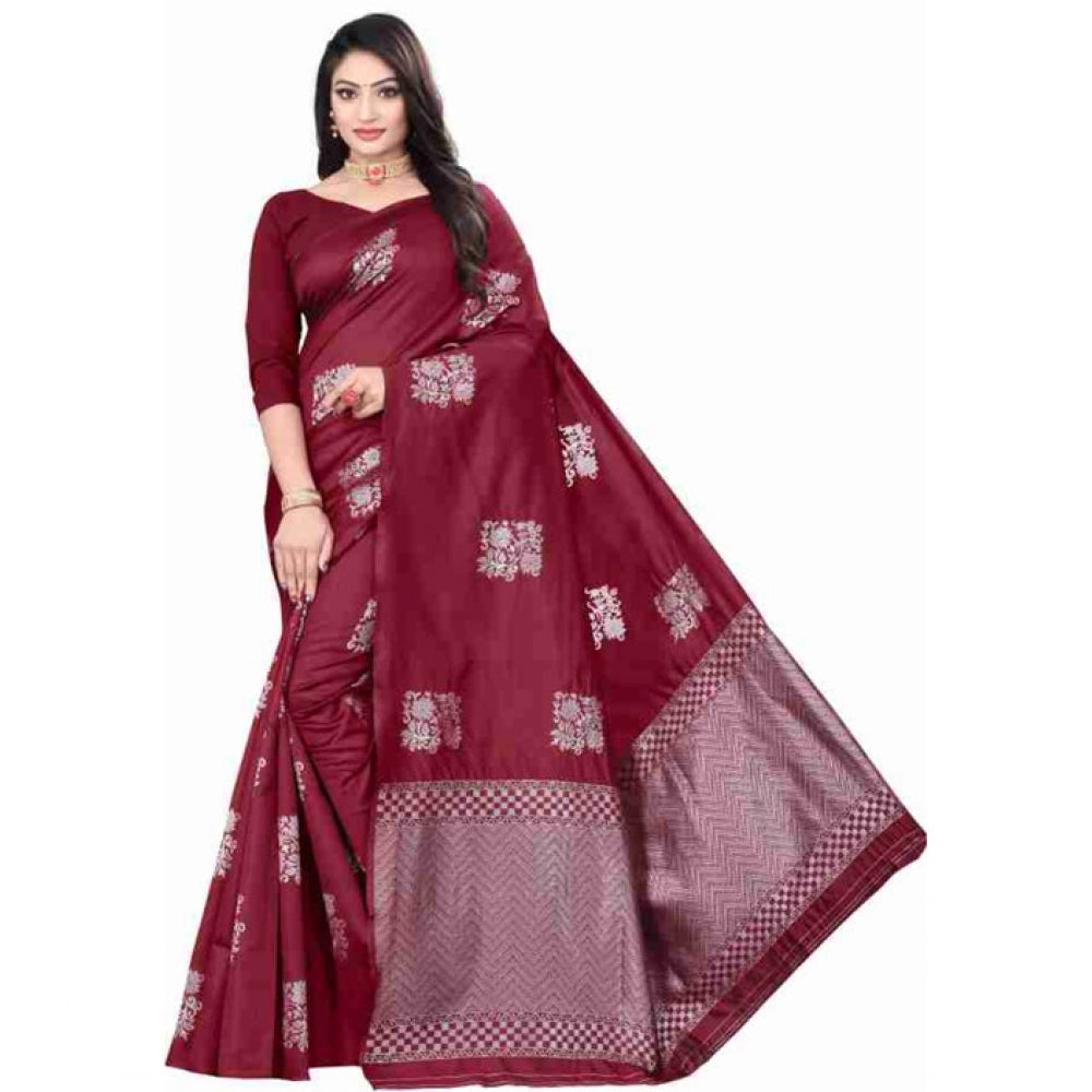 Generic Women's Soft Lichi Silk Printed Saree With Unstitched Blouse 5.5Mtr (Maroon) Main image