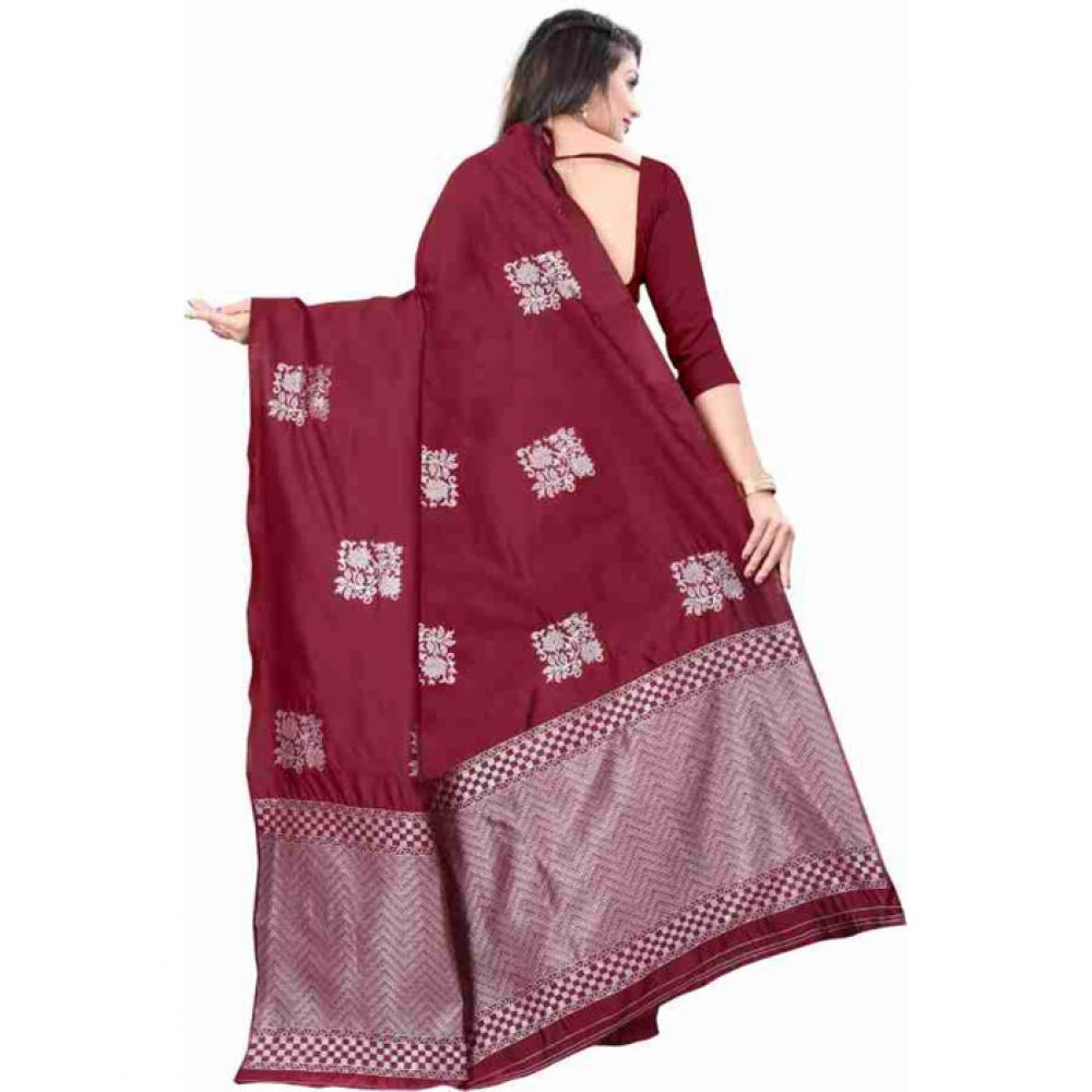 Generic Women's Soft Lichi Silk Printed Saree With Unstitched Blouse 5.5Mtr (Maroon) Secondary image