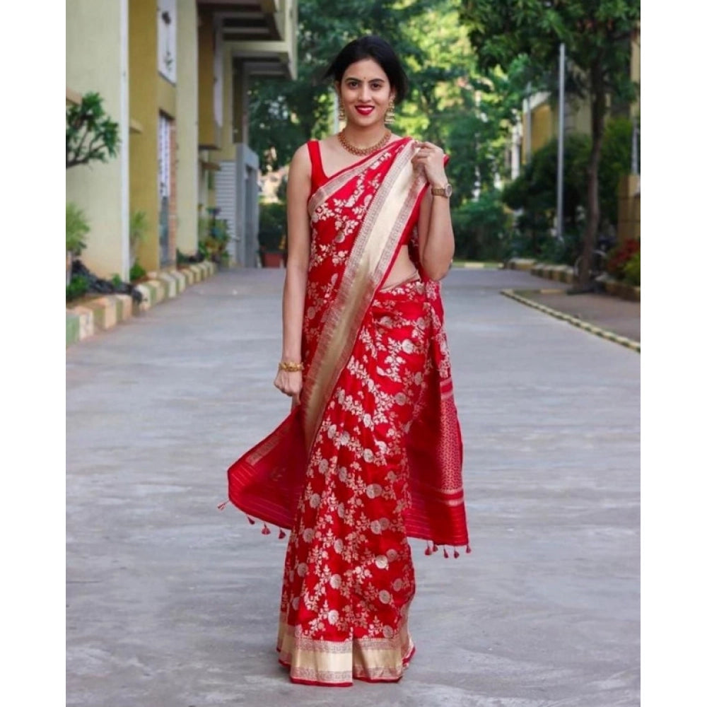 Generic Women's Soft Lichi Silk Printed Saree With Unstitched Blouse 5.5Mtr (Red) Main image