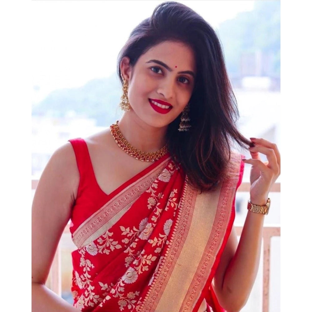 Generic Women's Soft Lichi Silk Printed Saree With Unstitched Blouse 5.5Mtr (Red) Secondary image