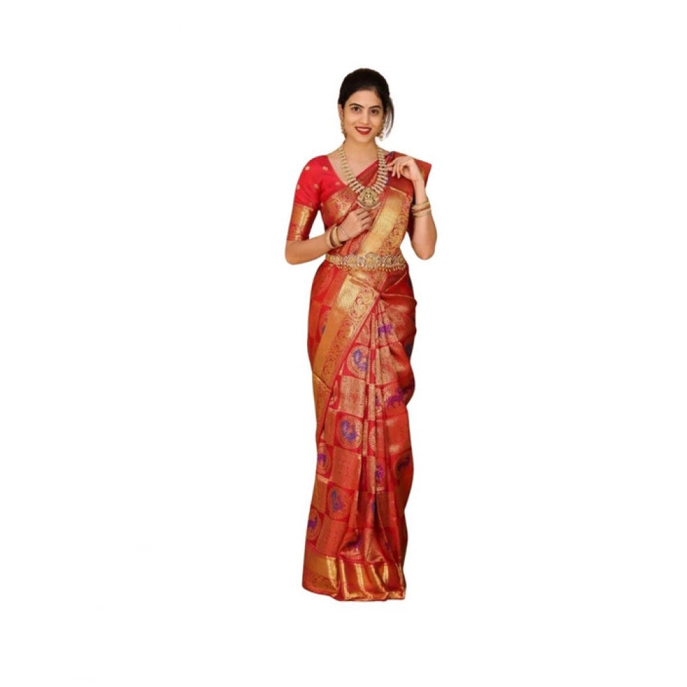 Generic Women's Soft Lichi Silk Printed Saree With Unstitched Blouse 5.5Mtr (Red) Main image