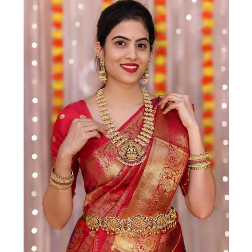 Generic Women's Soft Lichi Silk Printed Saree With Unstitched Blouse 5.5Mtr (Red) Secondary image