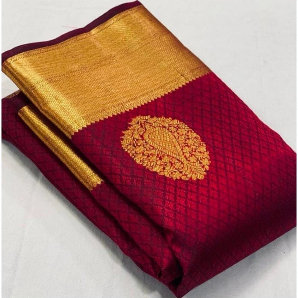 Generic Women's Soft Lichi Silk Printed Saree With Unstitched Blouse 5.5Mtr (Maroon) Main image