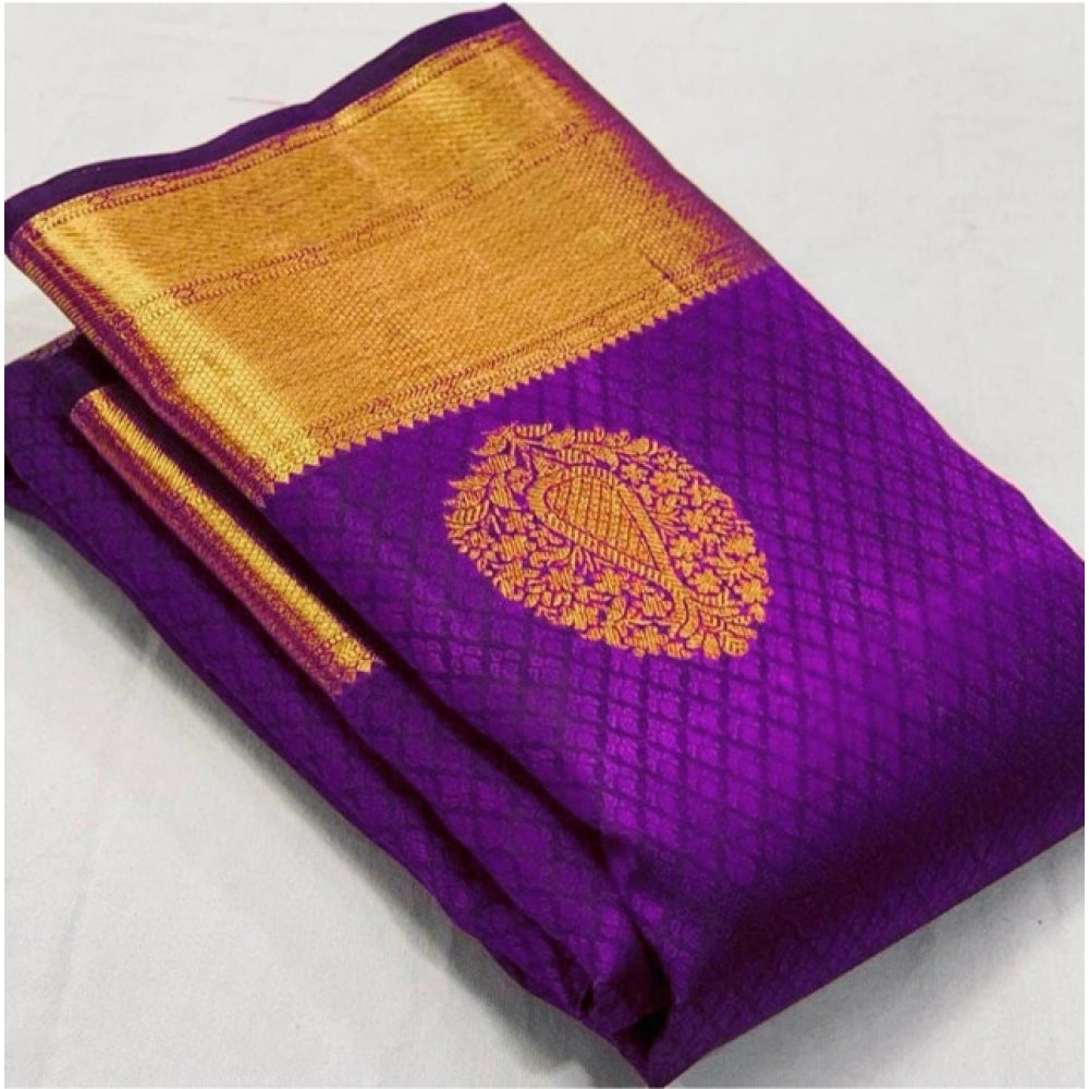 Generic Women's Soft Lichi Silk Printed Saree With Unstitched Blouse 5.5Mtr (Purple) Main image