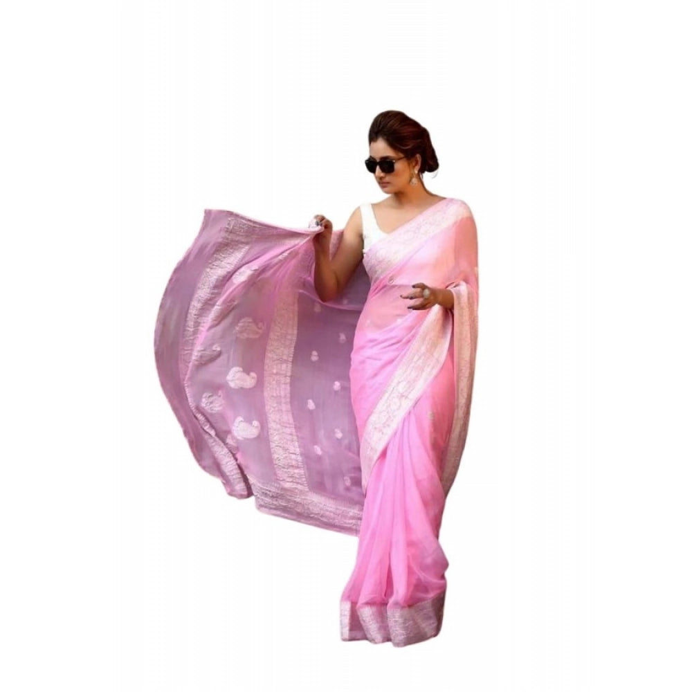 Generic Women's Soft Lichi Silk Printed Saree With Unstitched Blouse 5.5Mtr (Pink) Main image