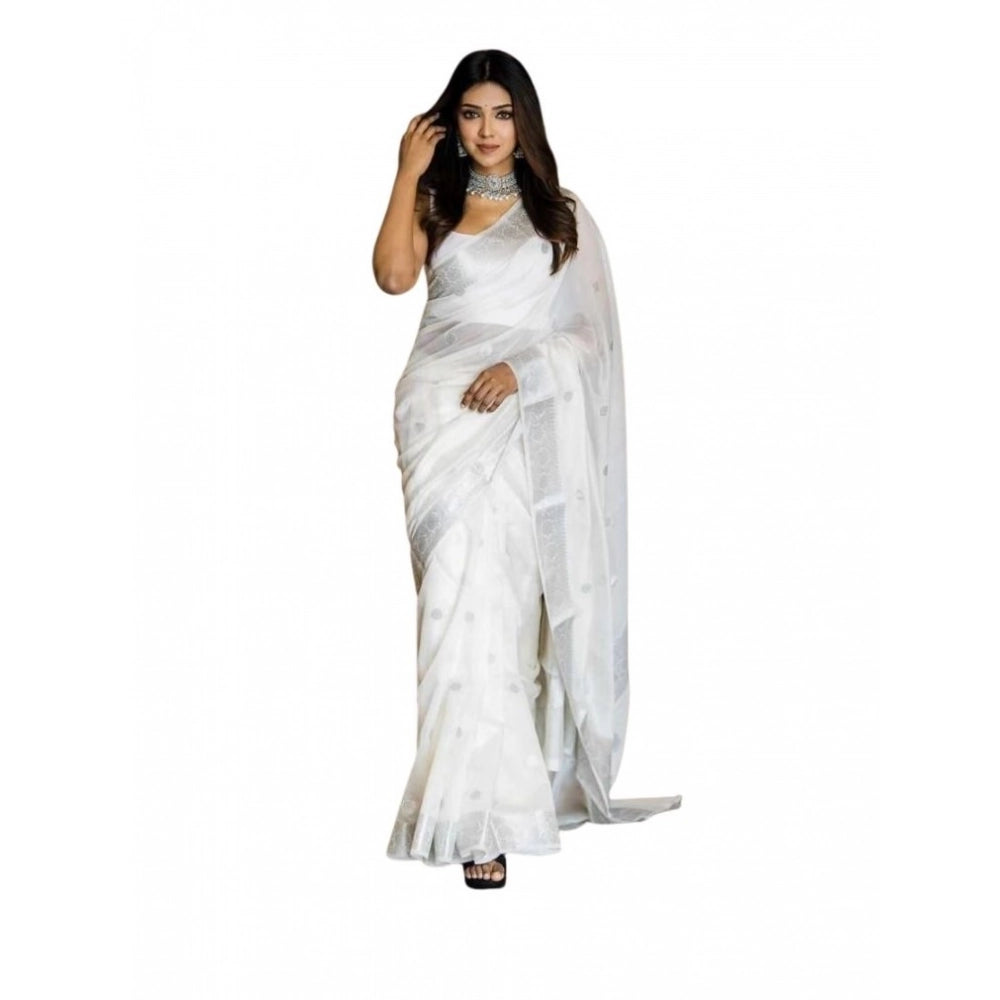 Generic Women's Soft Lichi Silk Printed Saree With Unstitched Blouse 5.5Mtr (White) Main image