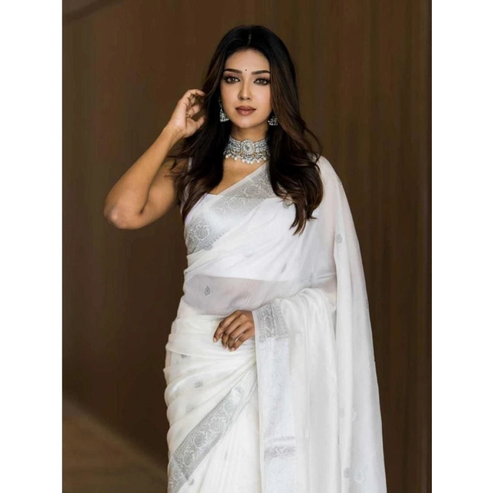Generic Women's Soft Lichi Silk Printed Saree With Unstitched Blouse 5.5Mtr (White) Secondary image