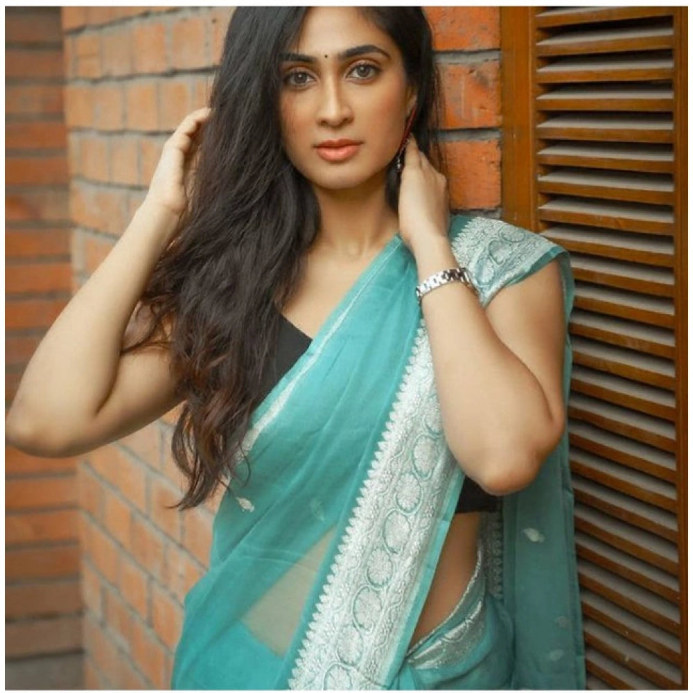 Generic Women's Soft Lichi Silk Printed Saree With Unstitched Blouse 5.5Mtr (Sky-Blue) Main image