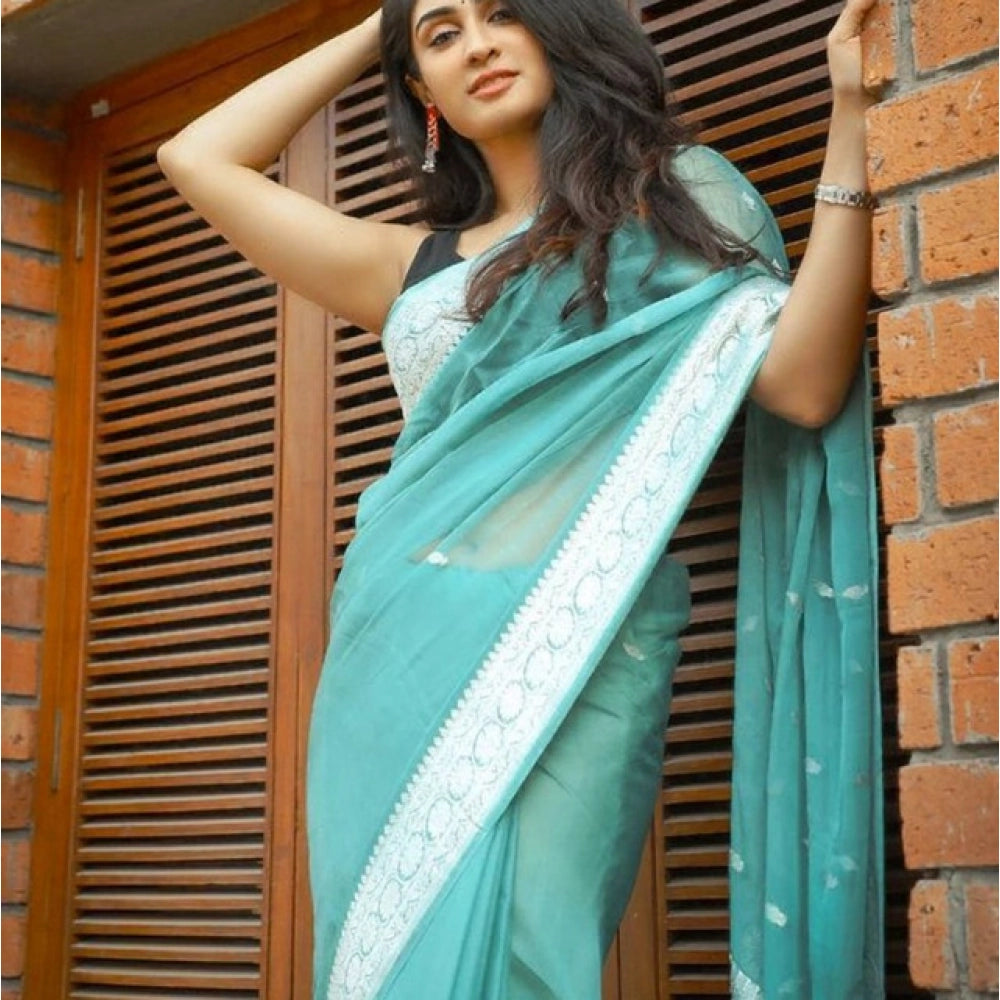 Generic Women's Soft Lichi Silk Printed Saree With Unstitched Blouse 5.5Mtr (Sky-Blue) Secondary image