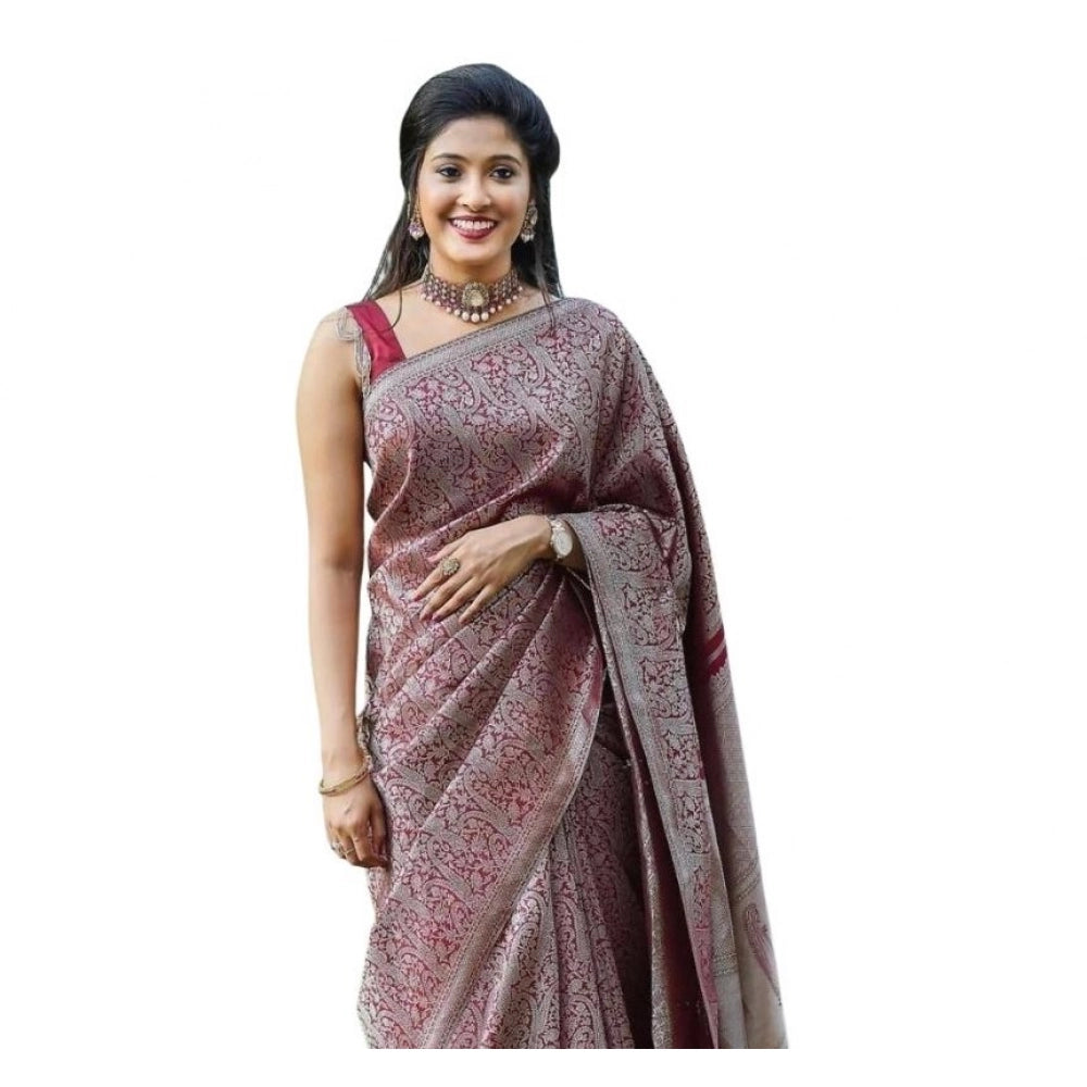 Generic Women's Soft Lichi Silk Printed Saree With Unstitched Blouse 5.5Mtr (Wine) Main image