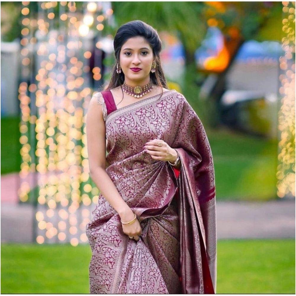 Generic Women's Soft Lichi Silk Printed Saree With Unstitched Blouse 5.5Mtr (Wine) Secondary image