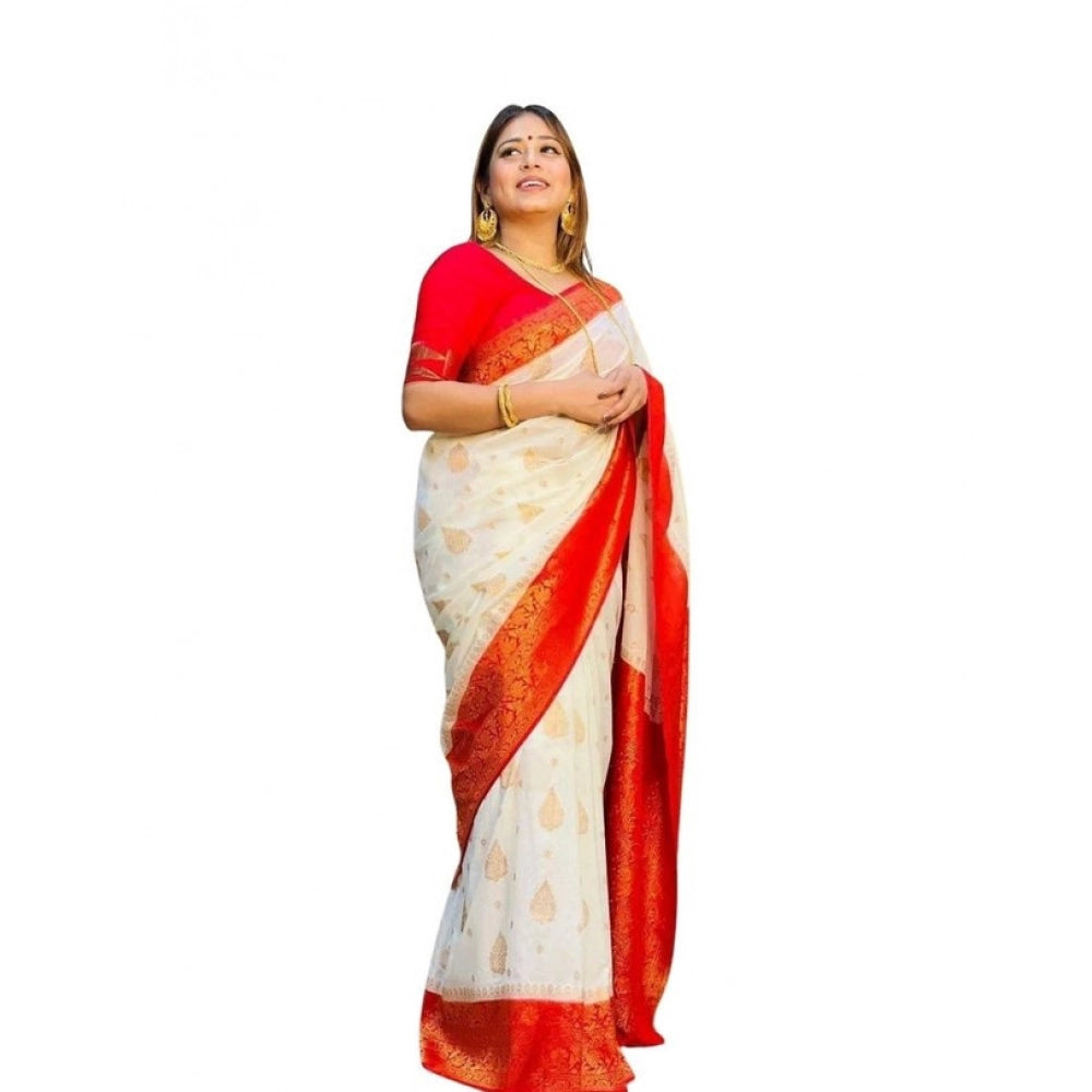 Generic Women's Soft Lichi Silk Printed Saree With Unstitched Blouse 5.5Mtr (White) Main image