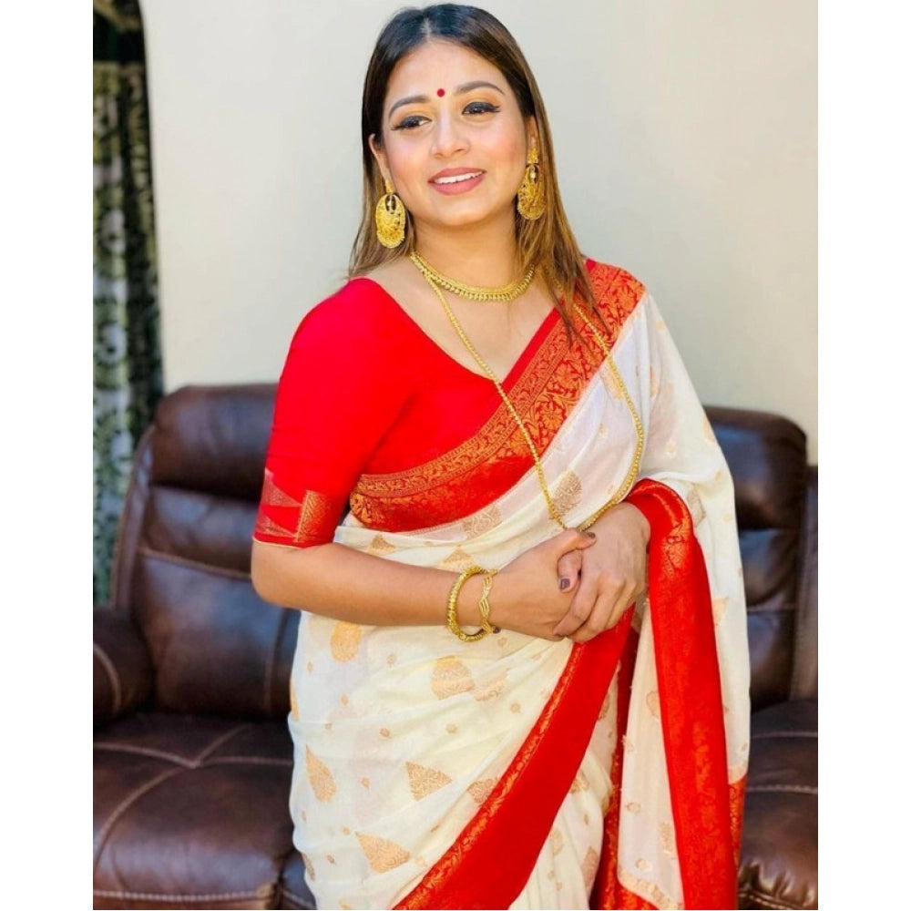 Generic Women's Soft Lichi Silk Printed Saree With Unstitched Blouse 5.5Mtr (White) Secondary image