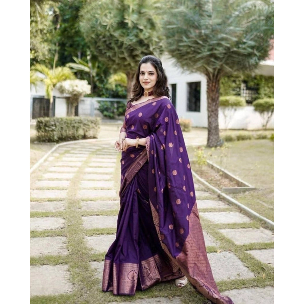 Generic Women's Soft Lichi Silk Printed Saree With Unstitched Blouse 5.5Mtr (Blue) Secondary image