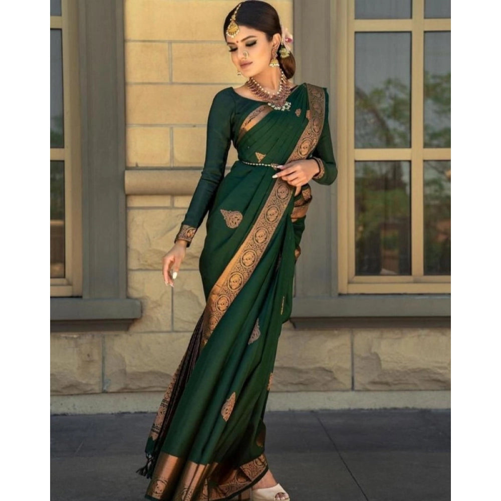 Generic Women's Soft Lichi Silk Printed Saree With Unstitched Blouse 5.5Mtr (Green) Secondary image